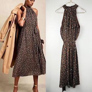 Banana Republic Sz Petite Large Halter Midi Dress In Floral Rustic Brown